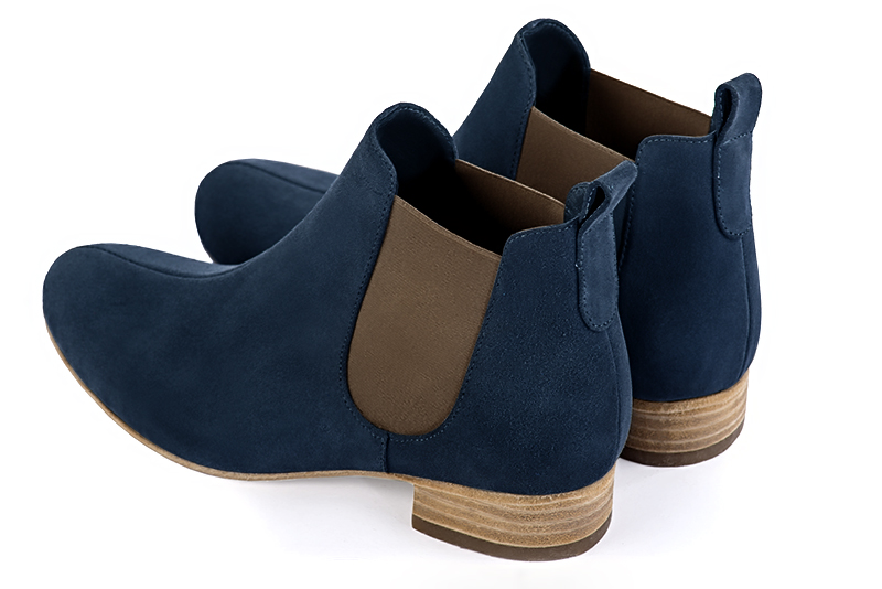 Navy blue and taupe brown dress ankle boots for men. Round toe. Flat leather soles. Rear view - Florence KOOIJMAN